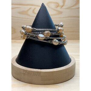 Pink Pearl and Silver Memory Wire Bracelet